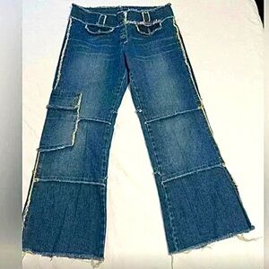 Anthropologie Wide Leg Frayed Patchwork Denim Jeans Women's Size 31 cargo pocket